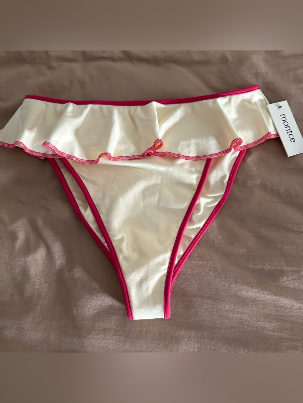 Montce Cream Raspberry Binded Tamarindo Ruffle Bikini Bottom sz Curve 1